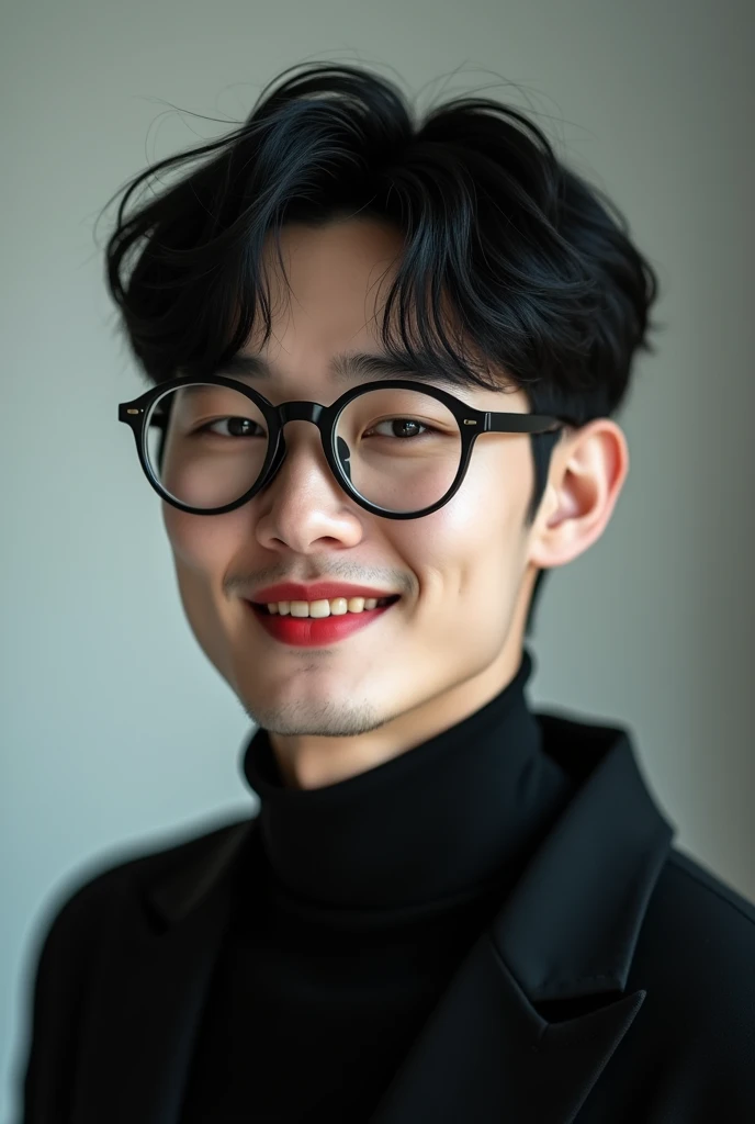 thick glasses, handsome korean man, black short hair ,  black neck polarity ,  clean white skin , with double eyelids on only on...