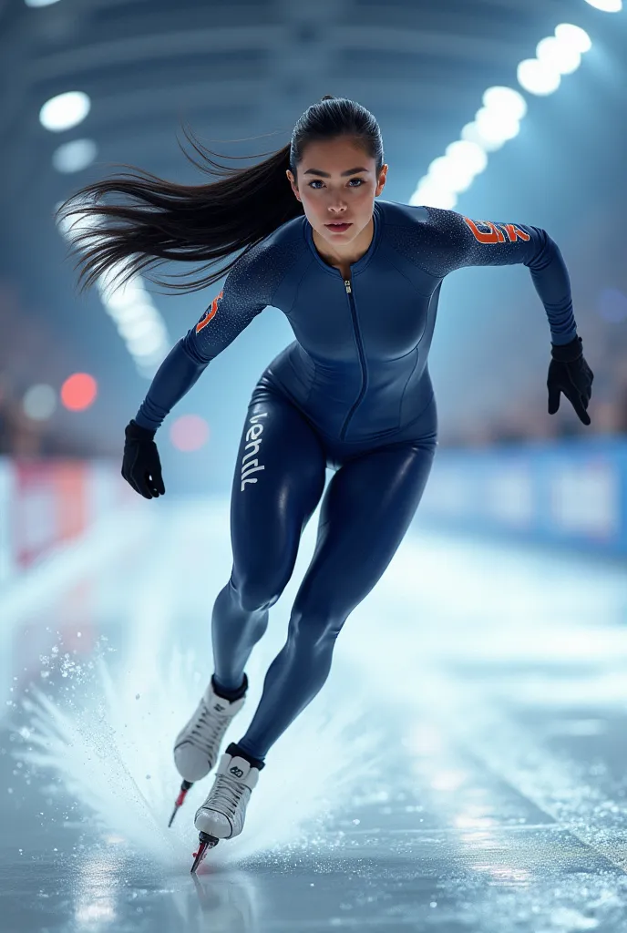 a beautiful girl,   speed skater , in competition,  full speed, vibrant body, long straight blck hair, sfw