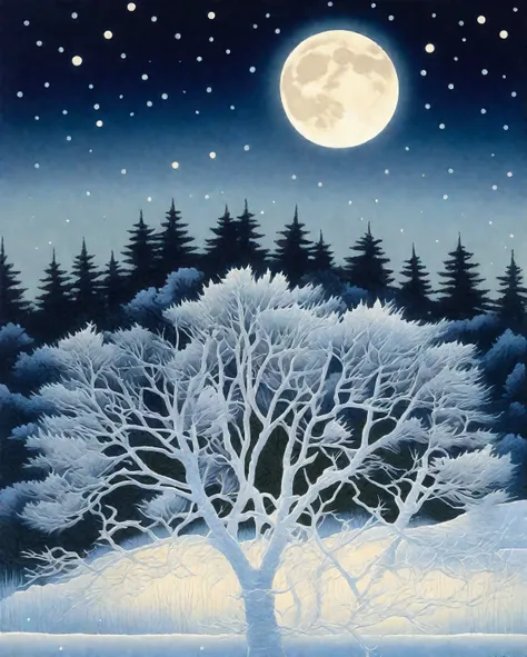 a beautiful winter landscape with a full moon in the background, detailed evergreen trees covered in snow, moonlit snowy field, ...