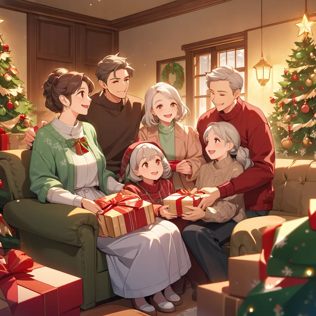 an anime-style illustration depicting a heartfelt christmas scene in a cozy, warmly lit living room decorated for the holidays. ...