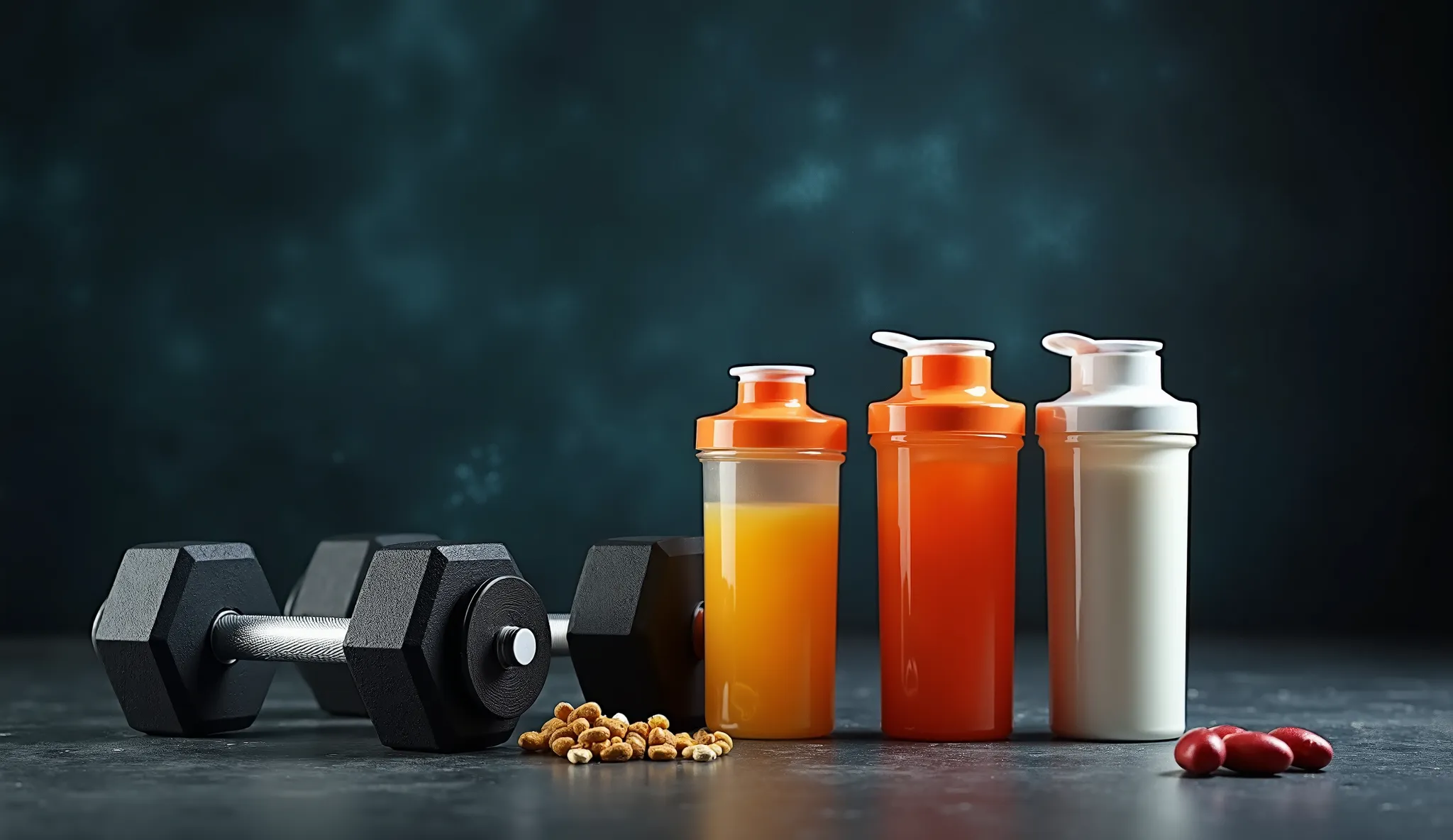 a horizontal background photo designed for a computer screen, featuring a few dumbbells, supplement containers, and shakers fill...