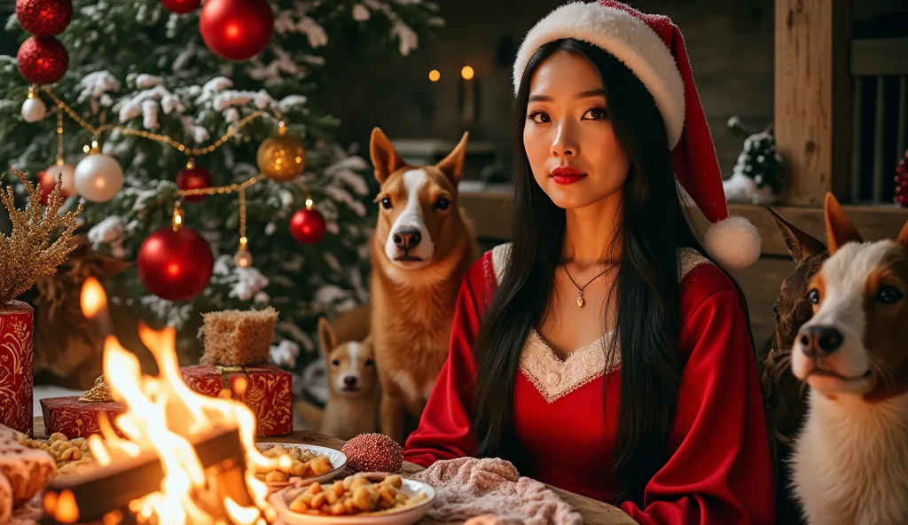 (raw photo, real photo, high quality, masterpiece), (winter christmas eve, woman with santa claus uniform and many different ani...