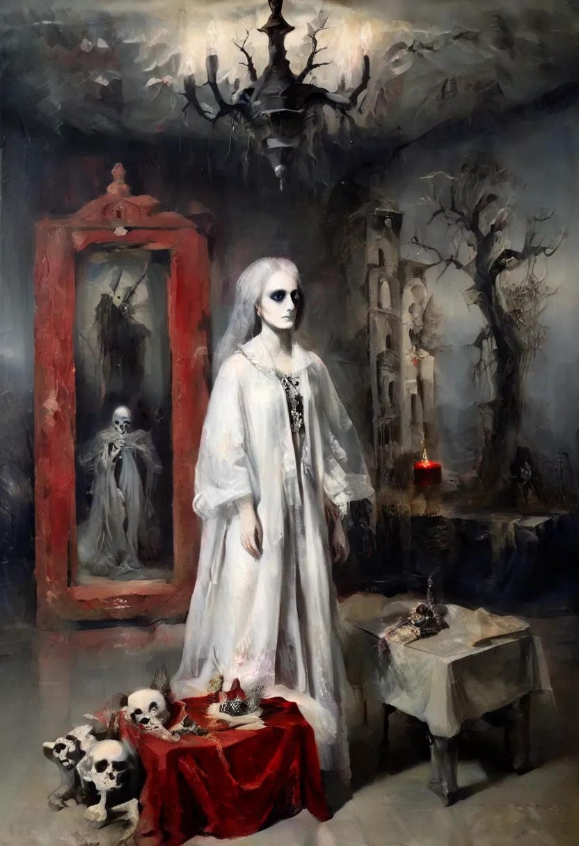 skeletal  girl ,  dirty robe clothing , chandelier,  goya style painting ,  light-dark lighting , ruins, fog, bones, officer,  c...