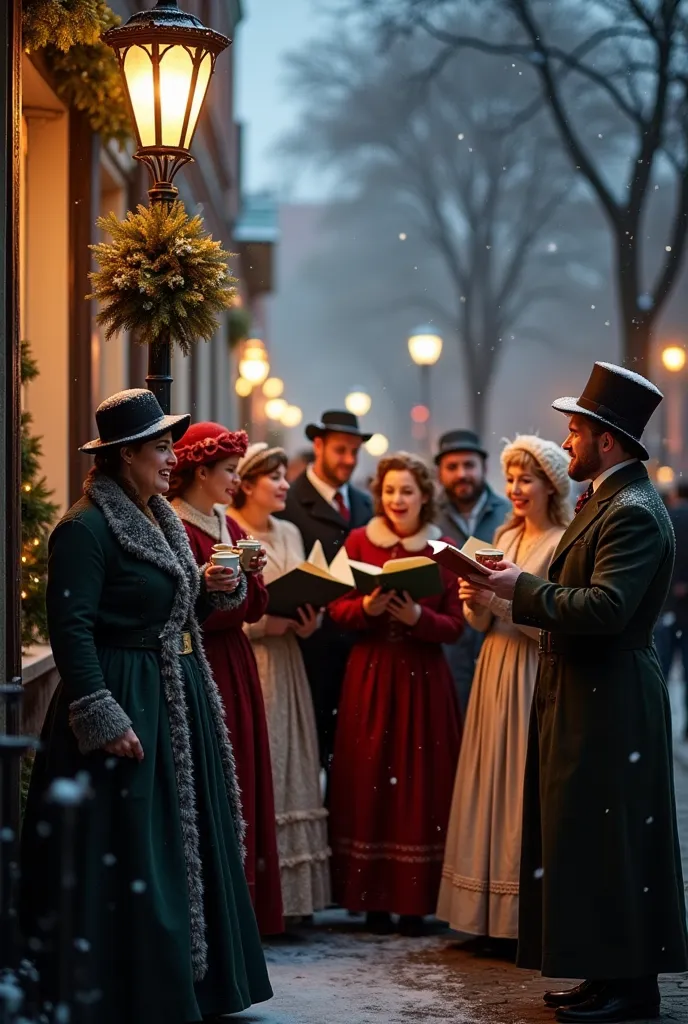 a group of cheerful carolers dressed in victorian-era clothing, singing under a vintage streetlamp adorned with a festive wreath...