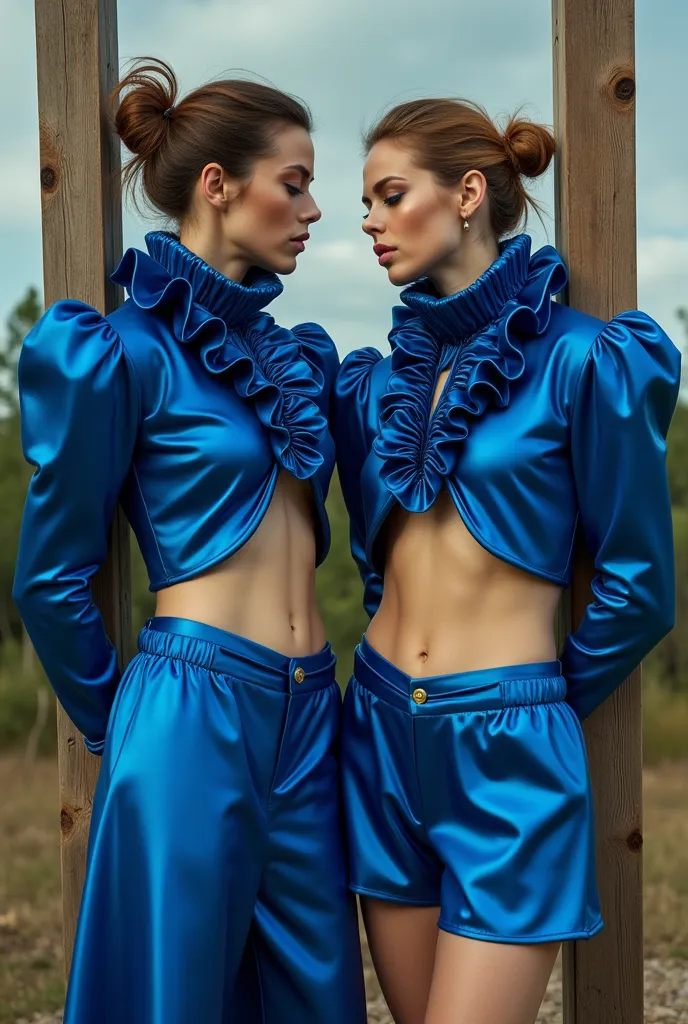 (realistic photograph sideways close up), (two other cheerful beautiful caucasian ladies with (messy hair bun), they are wearing...