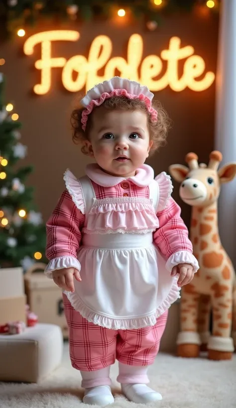 “a one-year-old baby , she is chubby, she is standing,  wearing a costume of dona florinda , wearing a vibrant plaid pink dress ...