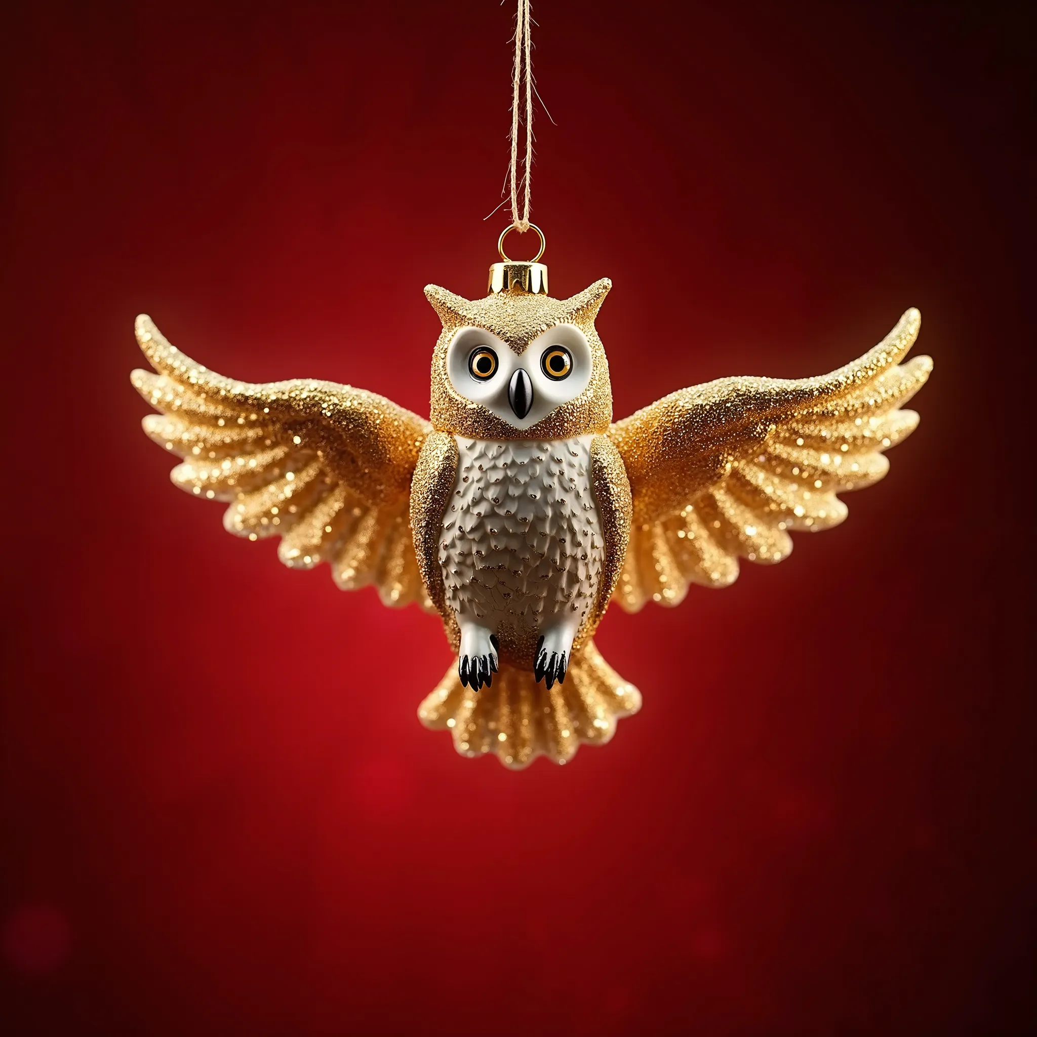 a realistic owl-shaped christmas ornament with glittery feathers and intricate details, hanging on an invisible string against a...