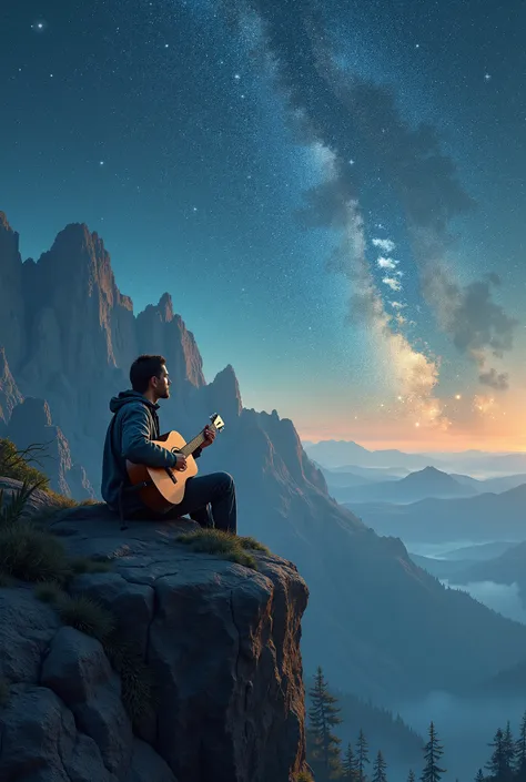 a man playing his guitar on the edge of a mountain. in the background, the immensity of the earth with a sky full of stars shape...