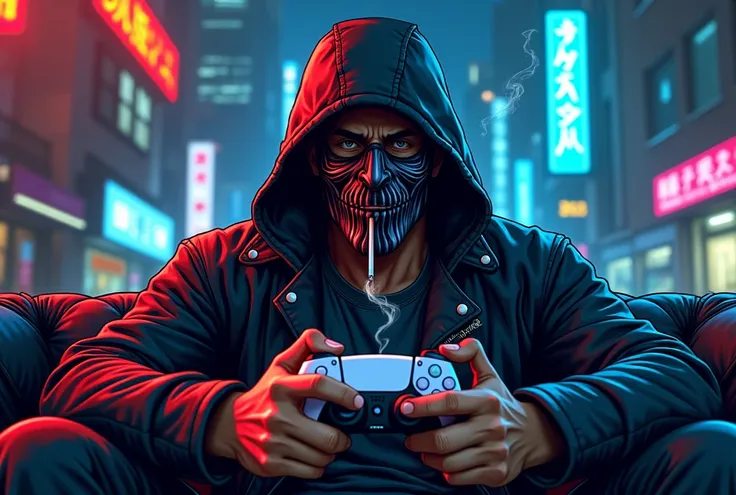 genera imagen de hombre de 30 años, con máscara de asesino, jugando playstation 5 , fumando,estilo comic de los años 2025