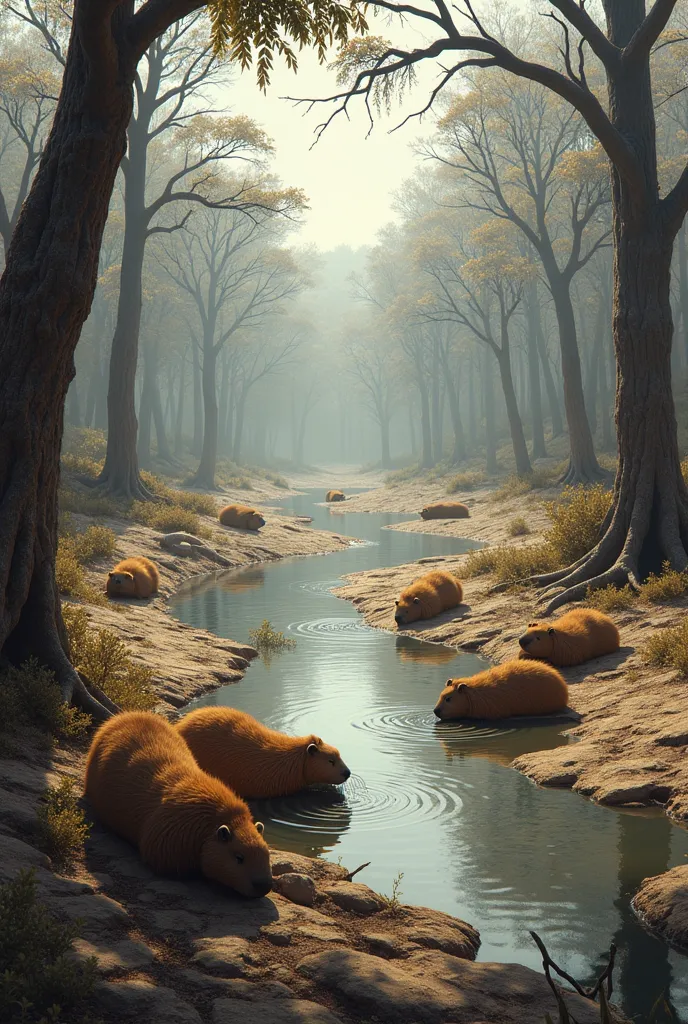 forest with river in drought with capybaras