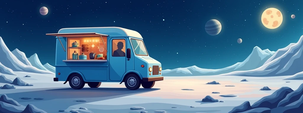 a coffee truck with out any marks and text parked in the middle of a cosmic galaxy landscape, surrounded by gentle swirling stea...