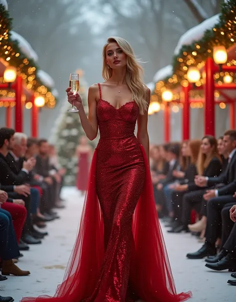 a blonde beauty in a sparkling red christmas gown makes her way down the runway, her presence glowing as brightly as the oil lam...