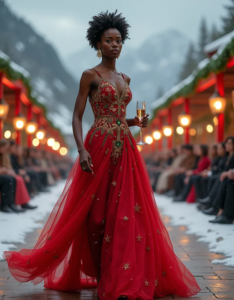 a stunning african woman steps onto the catwalk, her dark skin glowing in the soft light of the oil lamps that line the runway. ...