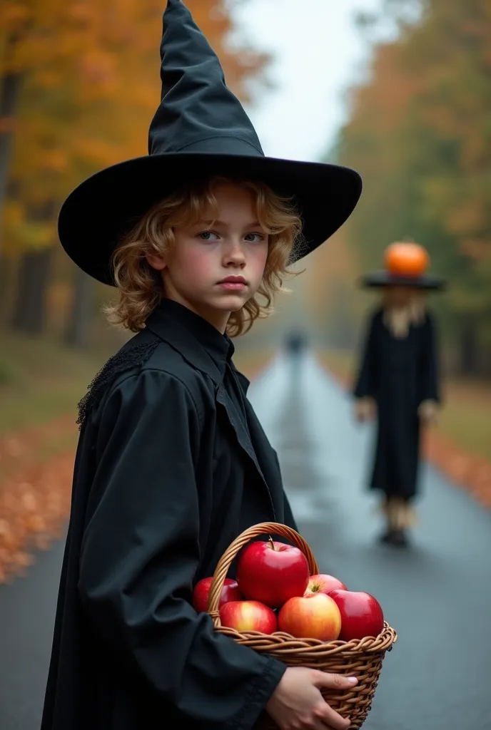 take a halloween road photo with a young blond man with short hair and a delicate face dressed as a witch with a black hat and h...