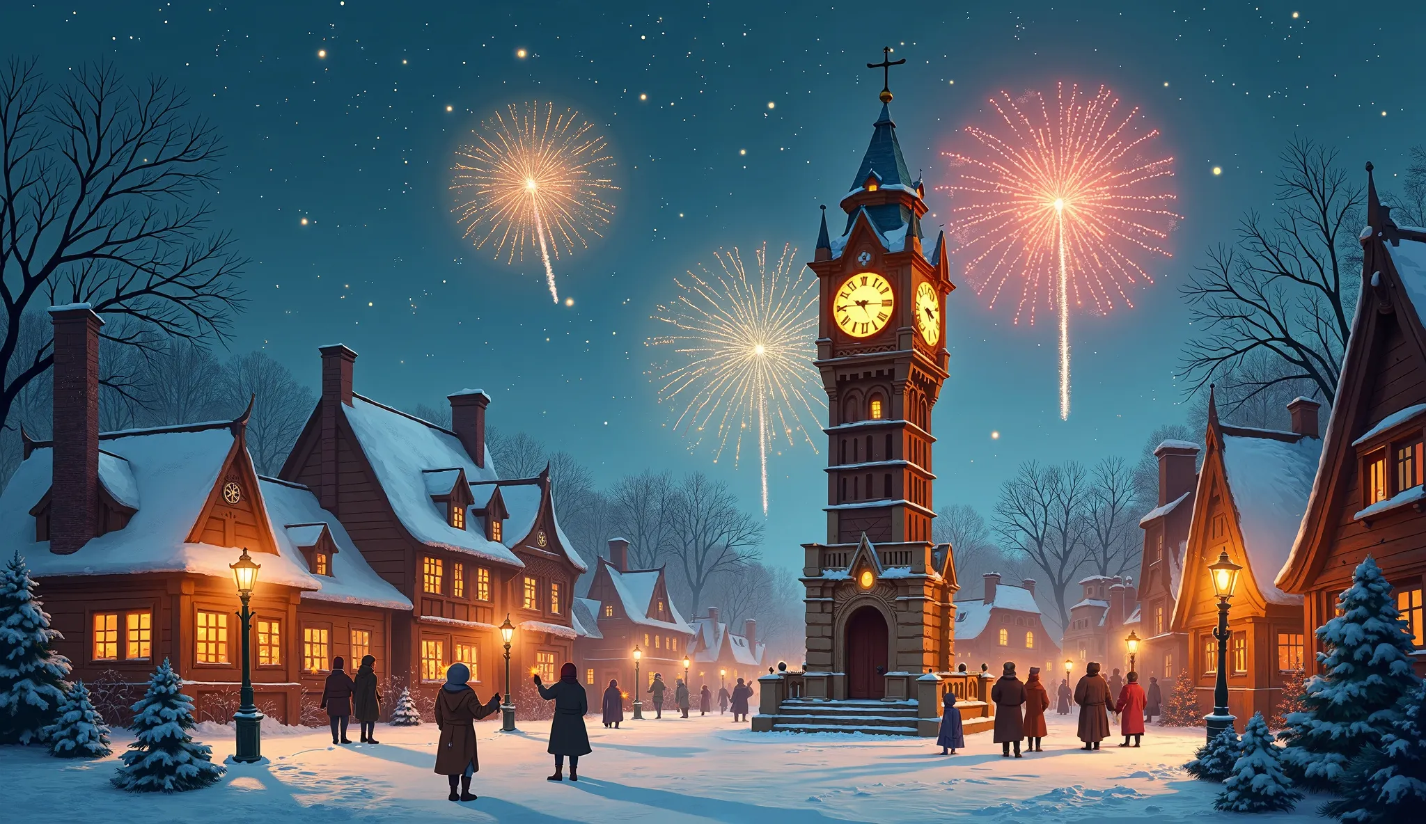 a clock tower in a quaint snow-covered village, glowing warmly at midnight, with fireworks bursting behind it. people in the vil...