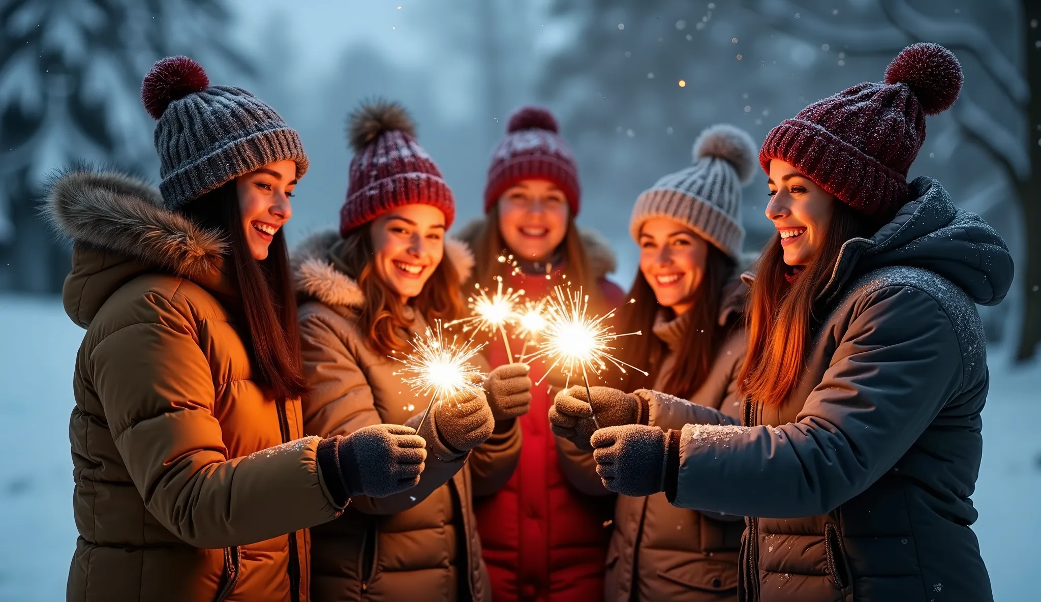 a group of ren bundled up in winter coats, holding sparklers and smiling against a snowy evening backdrop. their breath forms sm...