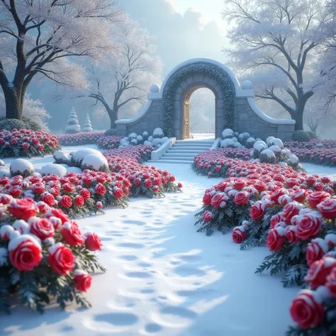 i want you to make a ; let it be a place full of red roses that have snow on them and that these same form a path to some entran...