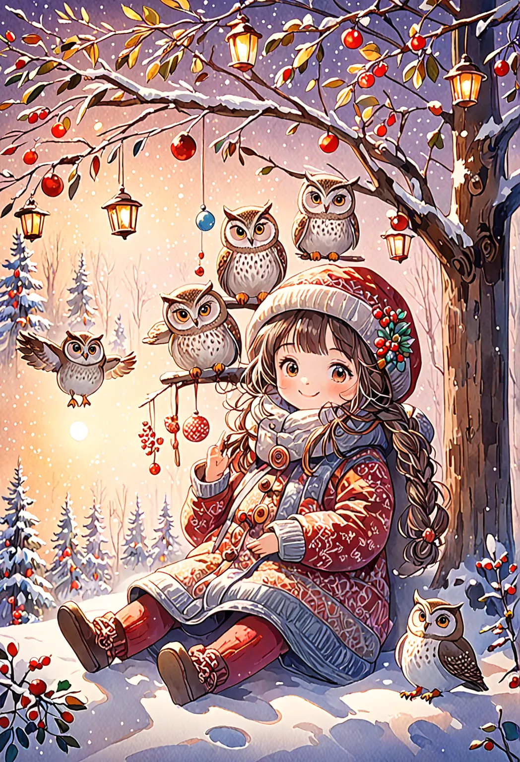 1 girl, this is an animated illustration of a beautiful winter scene with owls at christmas ,  it's a detailed and vivid waterco...