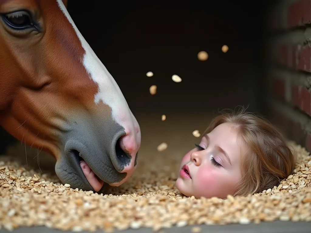 a miniature size teenage girl lies in a horse's trough full of oats. the horse accidentally starts eating her. horse swallow hal...