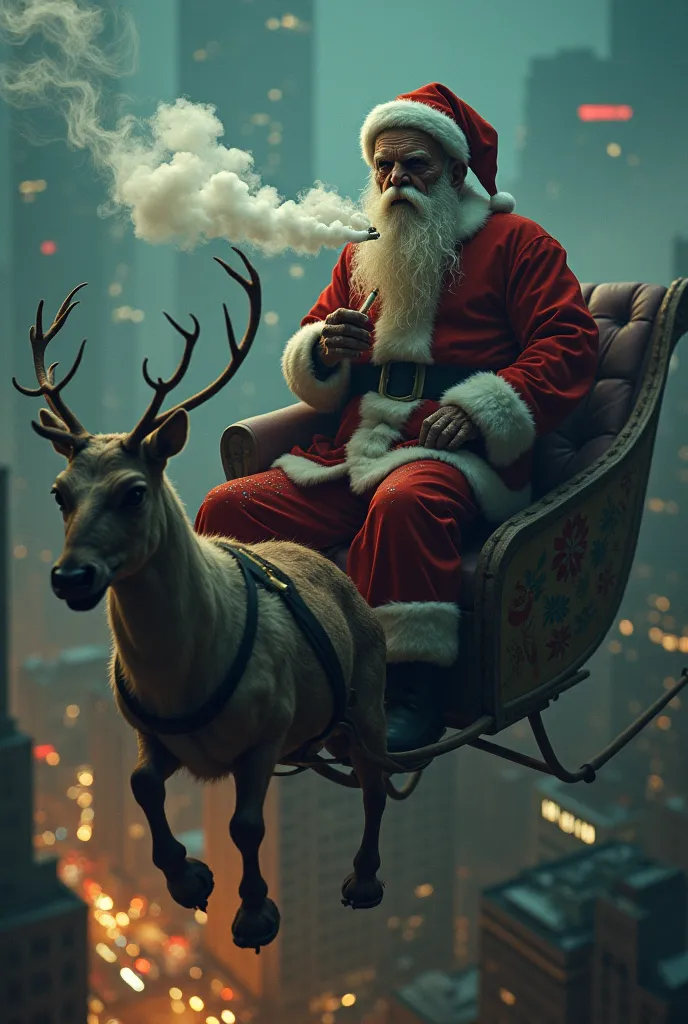 a black santa clause smoking meth. flying in his sleigh over chicago