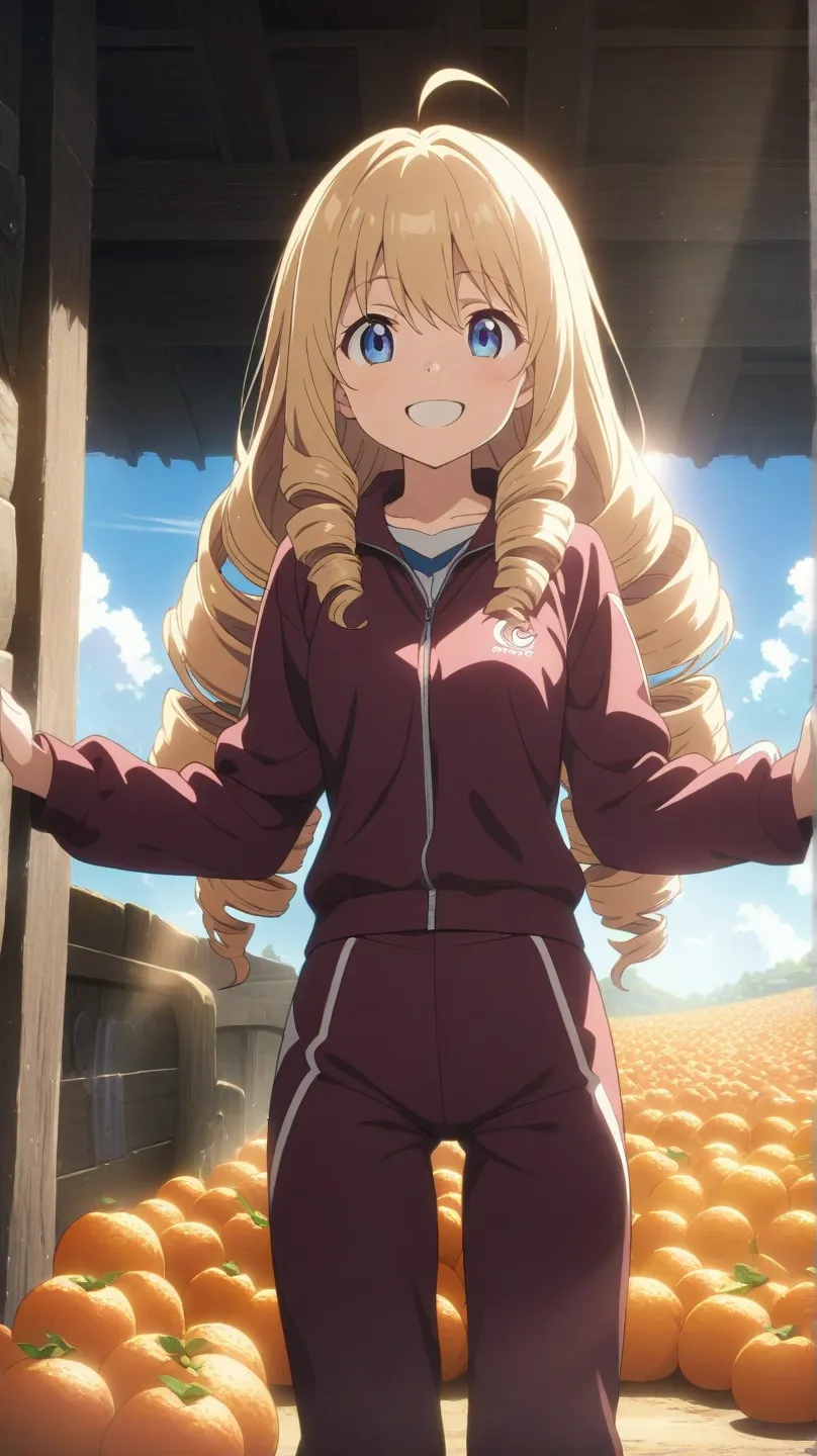 a girl, blonde, long hair, drill hair, drill sidelocks, ahoge, blue eyes, slant eyes, narrow eyes, happy, smiling, maroon sports...