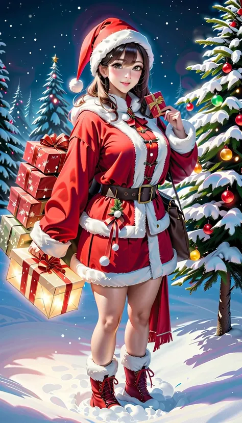 a woman wearing a mix of santa claus uniforms from all over the world, giving presents, attractive female body, snow-covered fir...