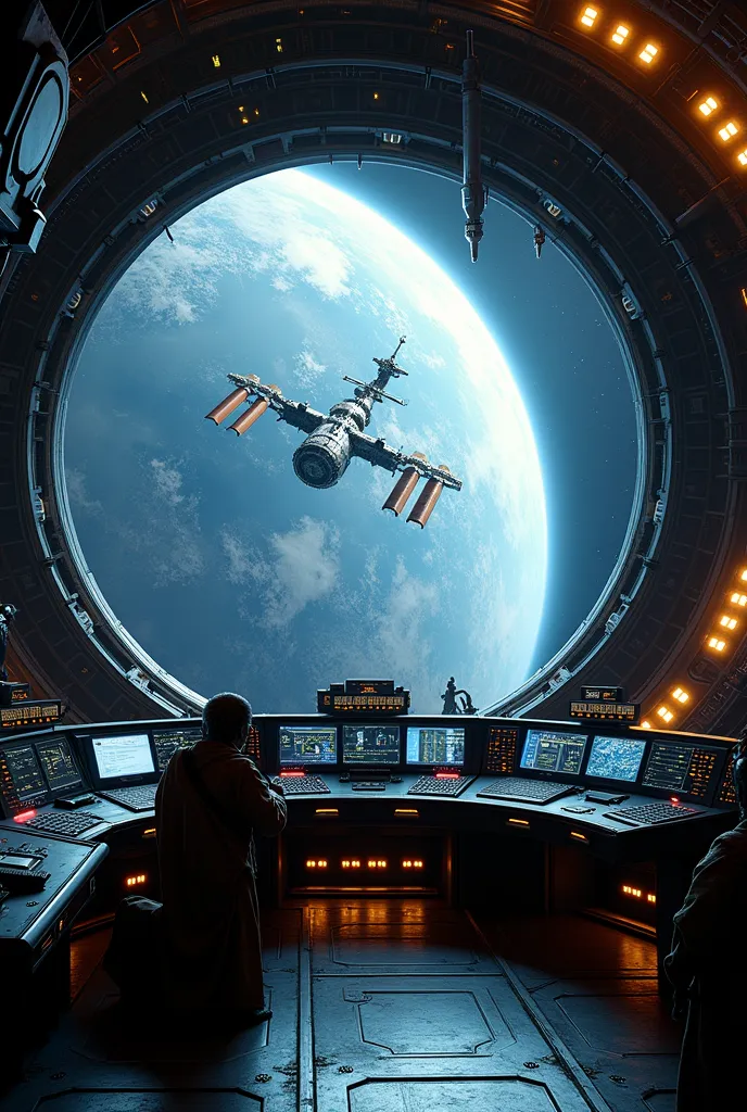 a massive alien spaceship's cockpit, featuring advanced control panels and monitors. in the foreground, earth and the internatio...