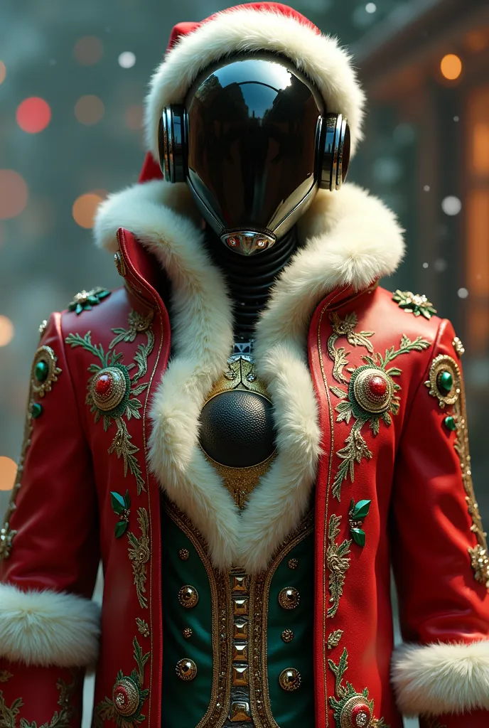 a humanoid robot 
very rich christmas outfit with a black lemon cut in half on the chest