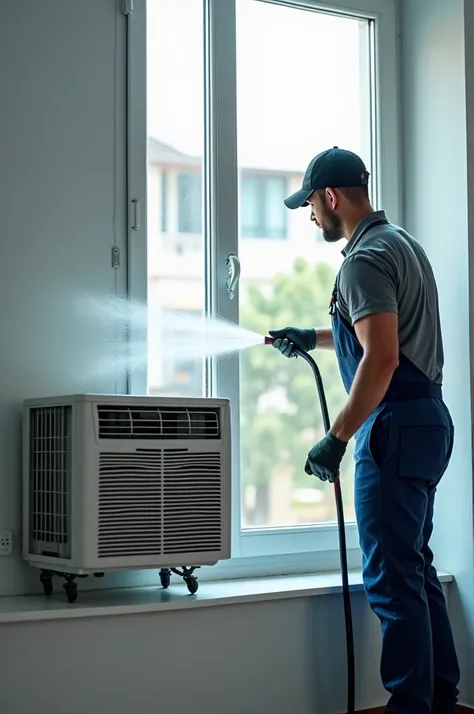 a man washing a window air conditioner with pressurized water and a logo on the background of the image that says "air condition...