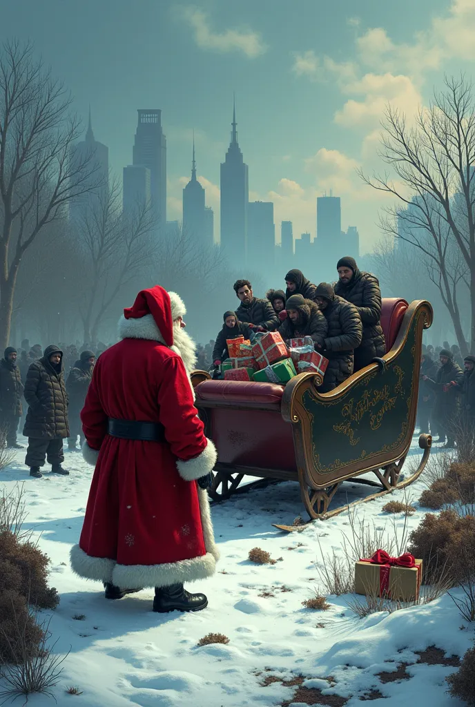 santas sleigh being ransacked by hordes of illegals