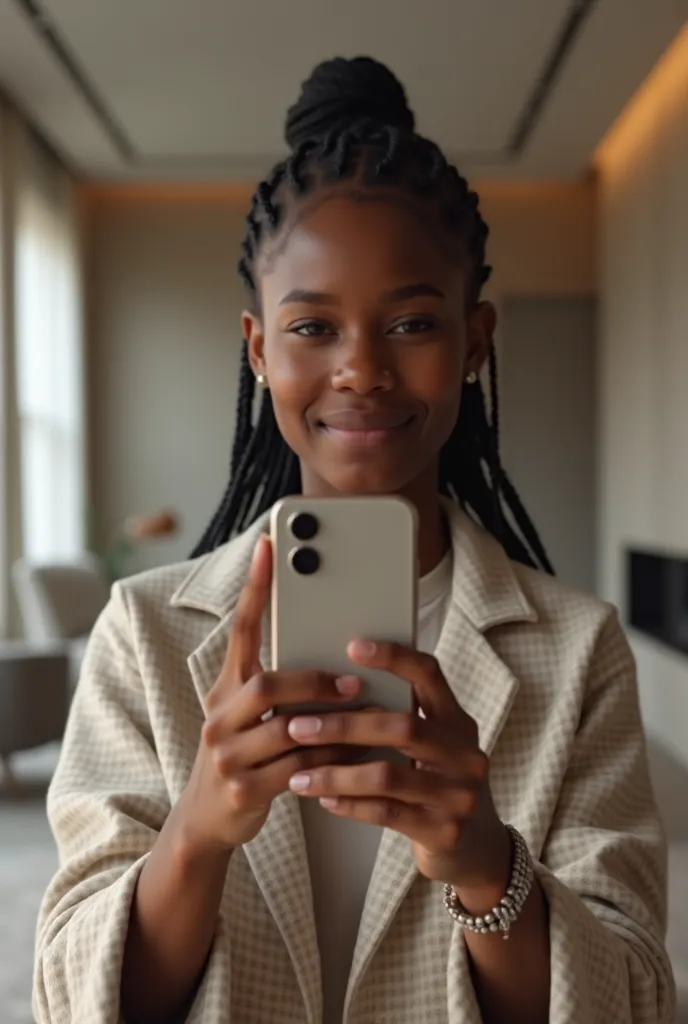 raw photo, realistic, taken with sony alpha, black girl with braids holding cellphone and doing a selfie, beautiful black girl, ...