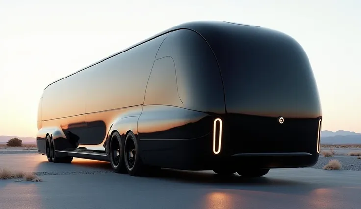 from the rear, this sleek black rv continues to impress with its bold and iconic design. the elongated body and shiny black fini...