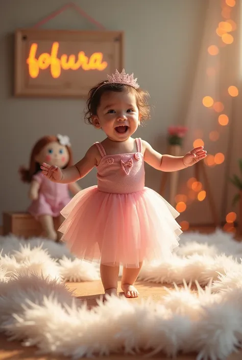 a beautiful baby girl dancing with a smile, wearing an elegant pink outfit with tulle, a delicate crown on her head and bright, ...