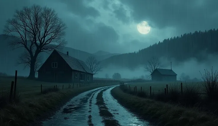 realistic image farm in bavaria germany scary rain night cold and macabre liquid darkness