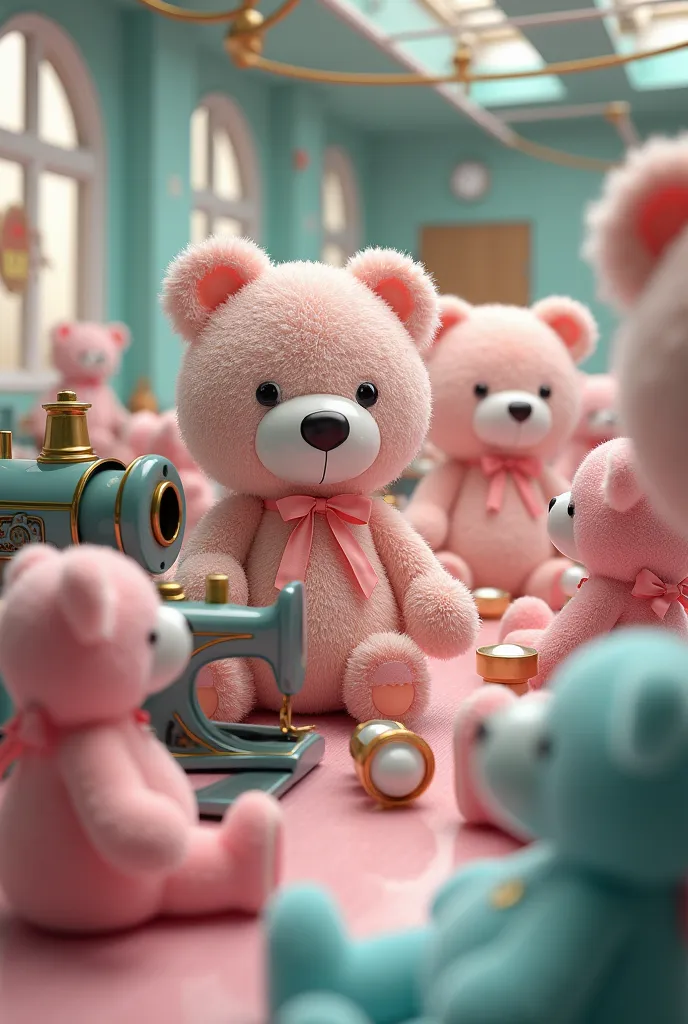 a fantastic sewing factory with many featured sewing machines that make little bears in reference to the chocolate factory, shad...