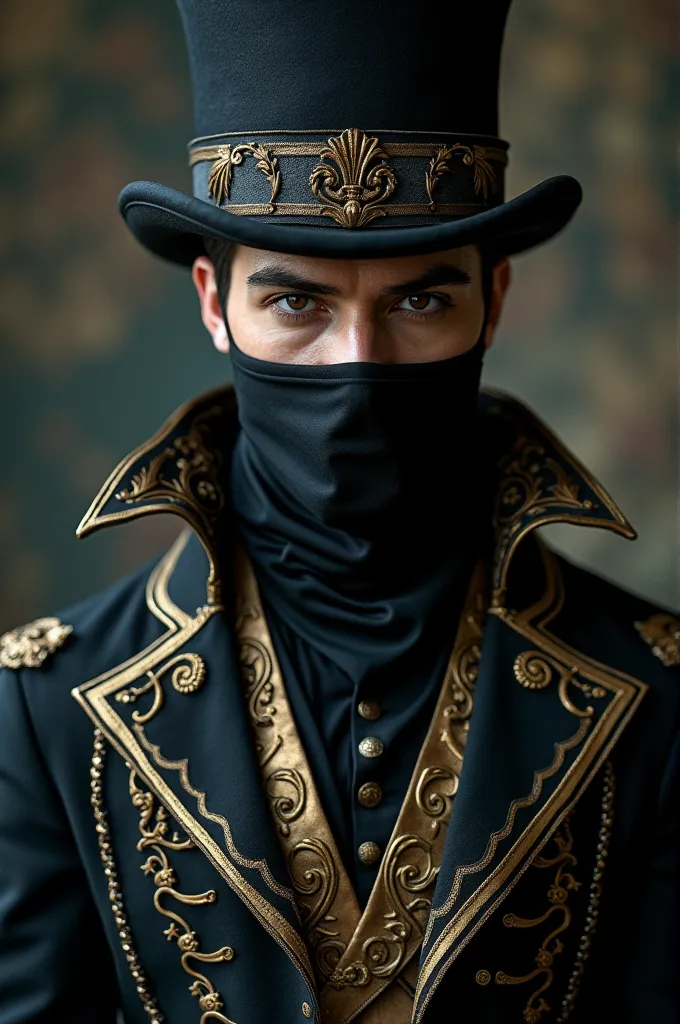 man wearing gothic clothing in shades of black and gold with top hat and mouth covered by a veil and showing his brown eyes