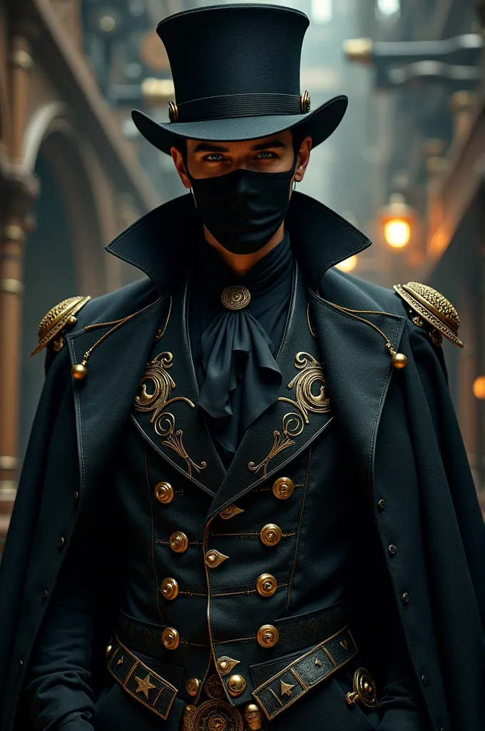 man wearing steampunk clothing in shades of black and gold with hat and mouth covered by a veil and showing his blue eyes