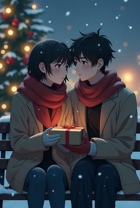 a heartfelt scene of a 20-year-old couple celebrating christmas, inspired by the artistic style of hideaki anno. the young man a...