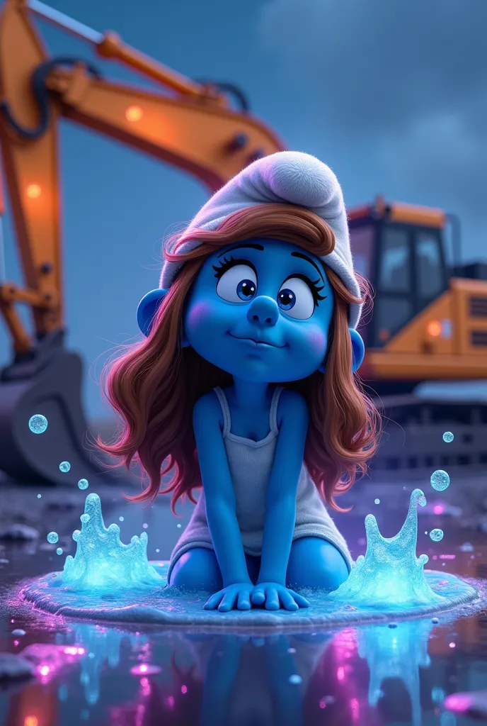 create a picture with a female smurf. the smurf has brown gaare . the smurf is blue .  the smurf is surrounded by drops .  it is...