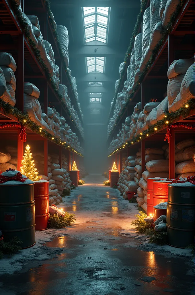 chemical drums and sacks in a warehouse with some christmas details