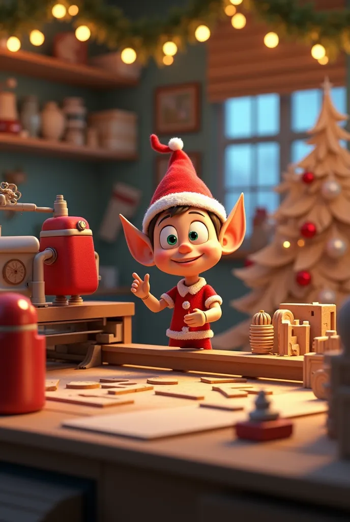 1 animated character working a laser machine that makes mdf figures in christmas mode