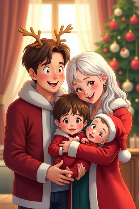 family cartoon with christmas costumes made up of 4 people, 28 year old male father of light brown tea ,  mother woman of 30 yea...