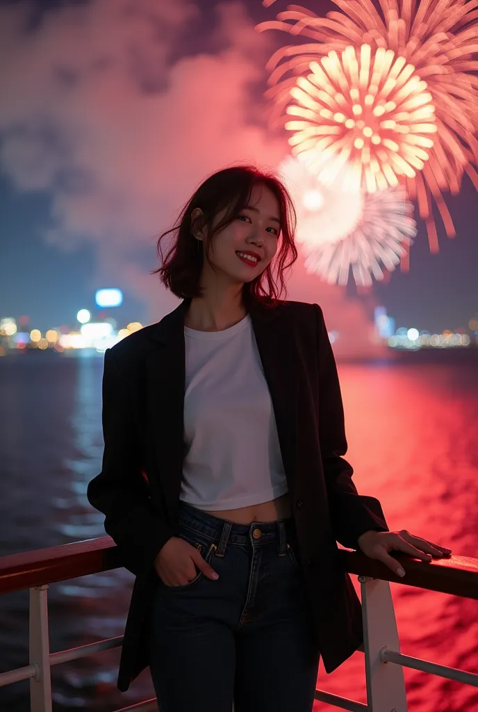 full body photo of beautiful korean woman smiling wearing white t-shirt black jacket long jeans standing on cruise ship night at...