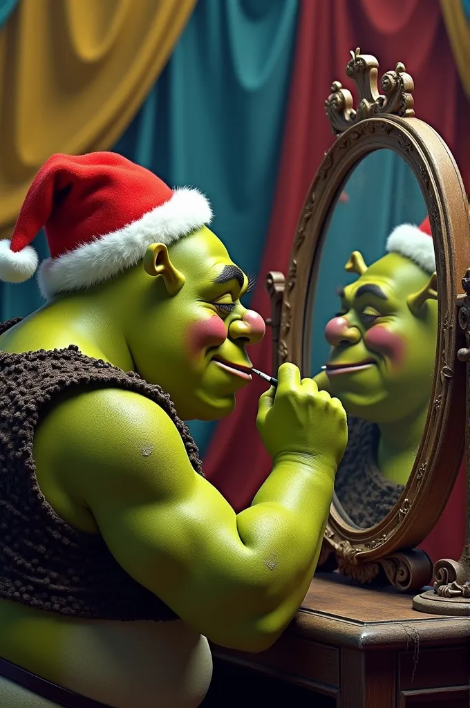 sherk fat green ogre with clown makeup on his face with a christmas hat in his red and white cavesa applying makeup in front of ...