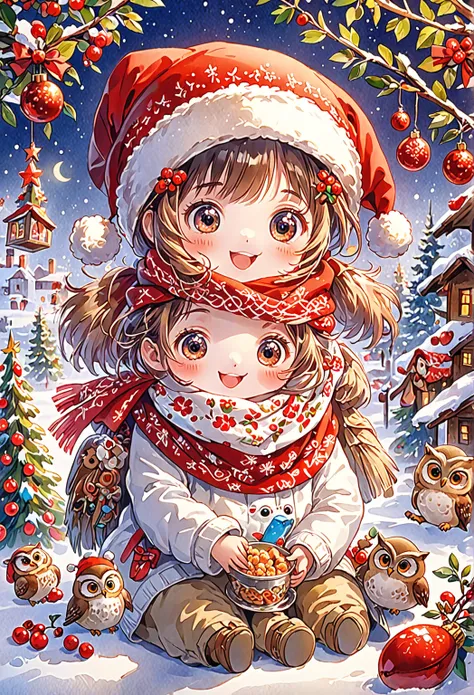 small character with a red bandana around the neck  、   1 girl,   this is an animated illustration of a beautiful owl christmas ...