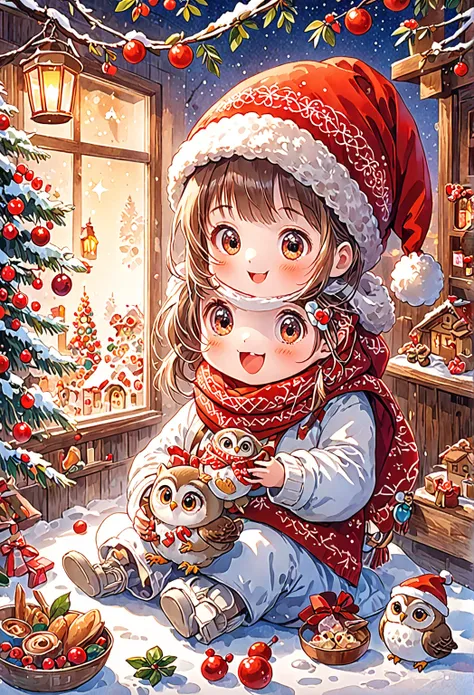 small character with a red bandana around the neck  、   1 girl,   this is an animated illustration of a beautiful owl christmas ...