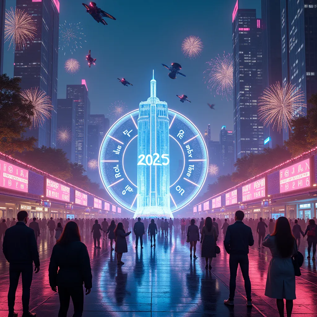 a futuristic new year 2025 celebration scene in a vibrant city, illuminated by dazzling neon lights. the skyline is filled with ...