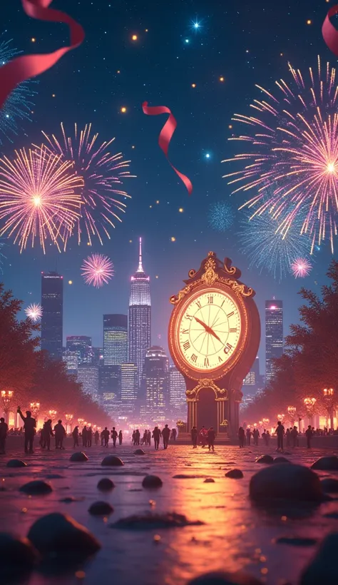 no one，happy new year background, clock，fireworks, glitter ,  ribbon, night sky, cityscape,  flashing lights