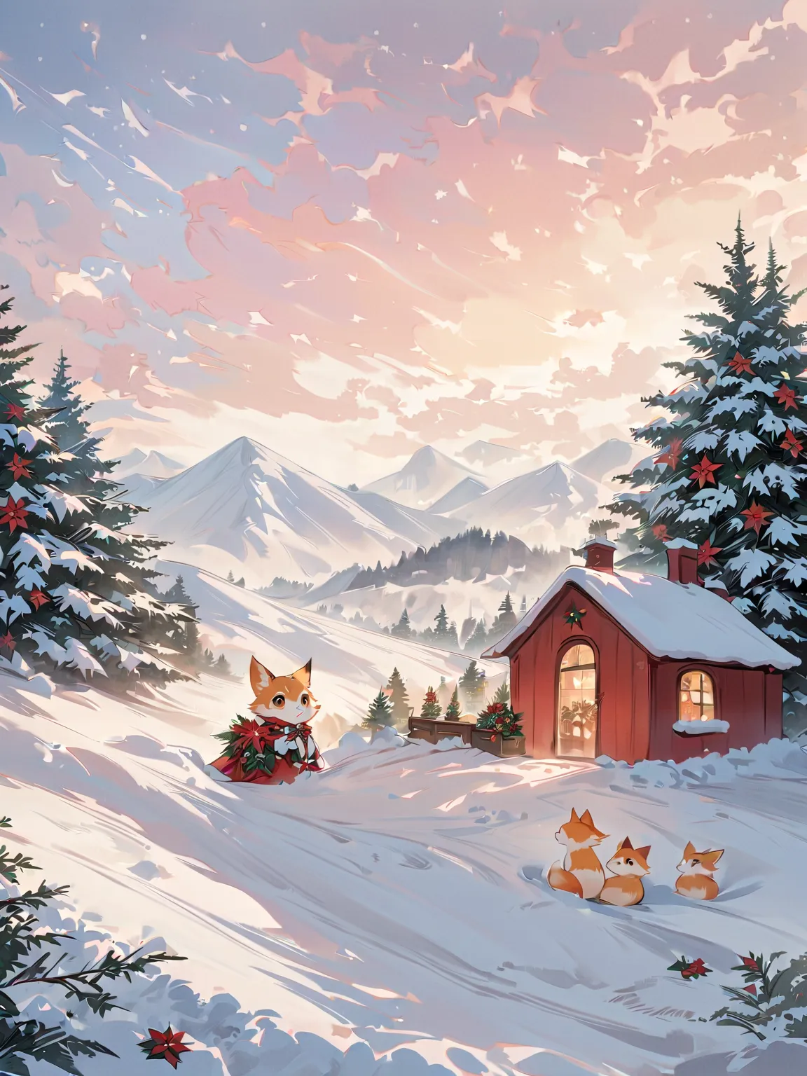 christmas illustration，cute, baby kitsune， the little character 、 christmas winter scenery ，christmas food ，when it snows , a ra...