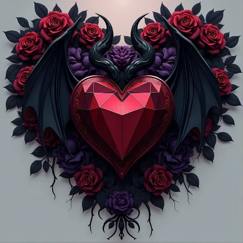 red and black diamond heart with devil horns and demon wings ,  in the lower central part with black and purple roses all in the...